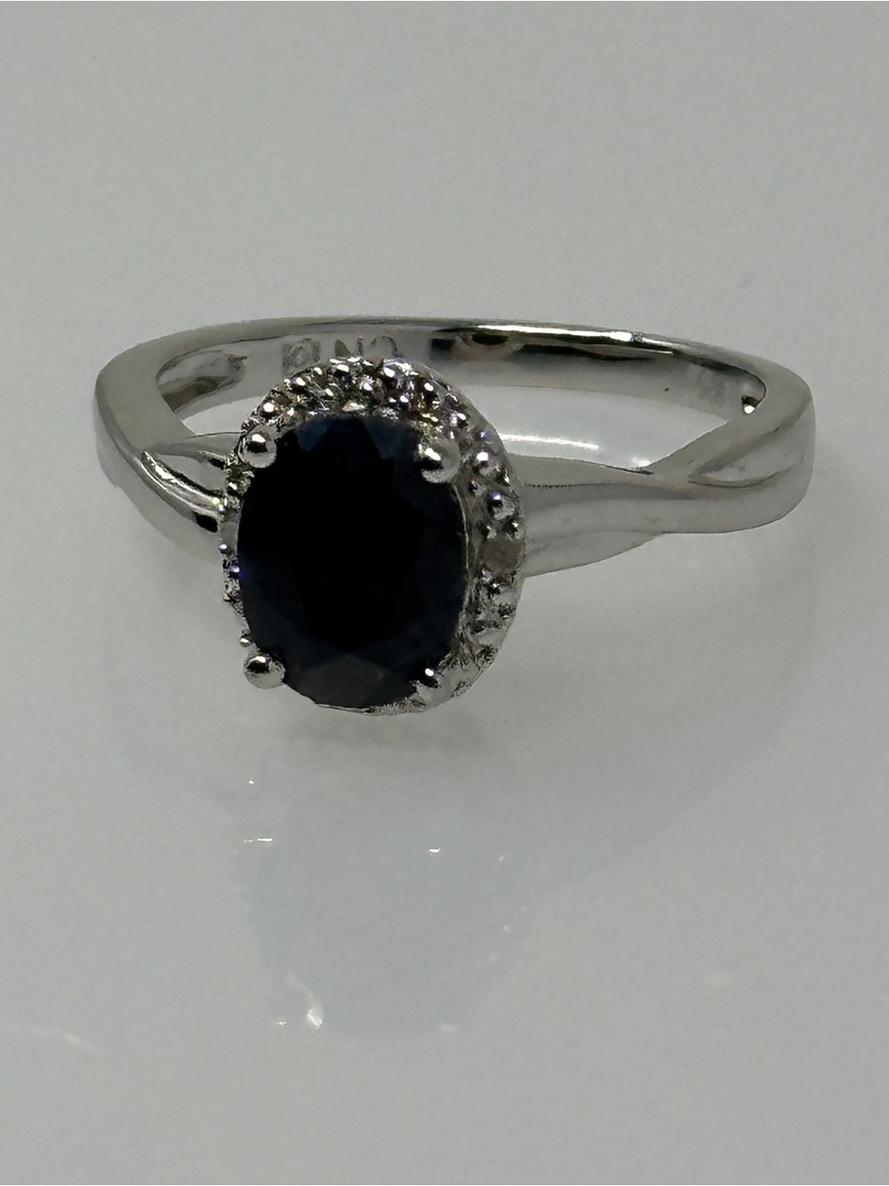 Oval created Black Sapphire with CT. T.W. Diamond Ring Silver - size 6-6.5